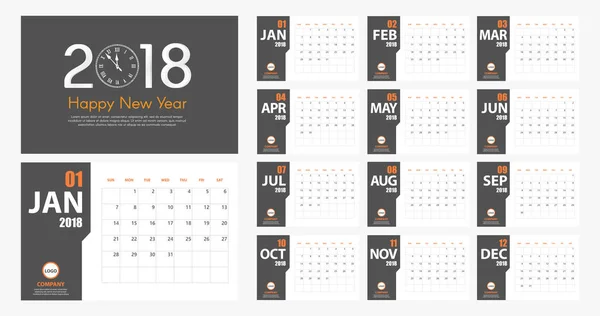2018 Neujahrskalender einfachen modernen Stil. grau und orange. Eventplaner. alle Größen. Vektorillustration — Stockvektor