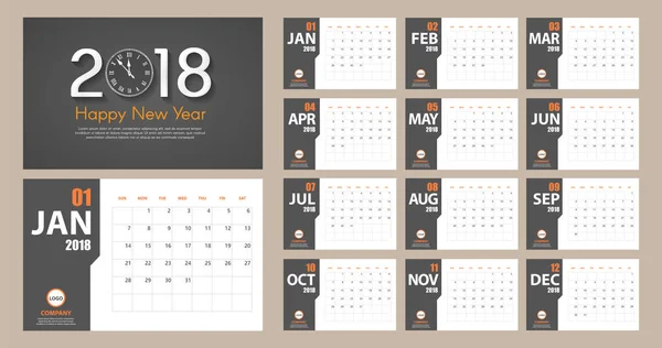 2018 Calendario de Año Nuevo estilo moderno simple. Gris oscuro y naranja. Planificador de eventos. De todo tamaño. Ilustración vectorial — Vector de stock
