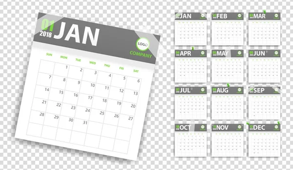 Kalender 2018 in Papieraufklebern mit Pins und Scotch-Stil. grün und grau. Eventplaner. alle Größen. Vektorillustration — Stockvektor