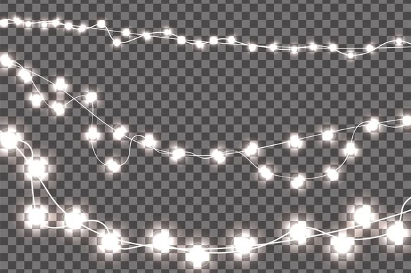 Bianco realistico decorazioni luci di Natale set isolato su sfondo trasparente. Per biglietti di auguri. Illustrazione vettoriale — Vettoriale Stock