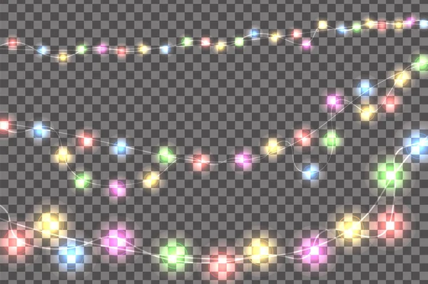 Decorazioni realistiche colorate luci di Natale set isolato su sfondo trasparente. Per biglietti di auguri. Illustrazione vettoriale — Vettoriale Stock