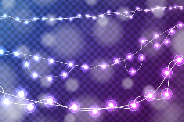 Decoraciones realistas luces de Navidad conjunto aislado sobre fondo azul y púrpura transparente. Para tarjetas de felicitación. Ilustración vectorial — Vector de stock