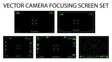 Modern kamera ayarları 5 in 1 paketi - dijital ekran, mirorless, Dslr. siyah ve yeşil objektif kamera izole kayıt odaklanarak. Vektör çizim