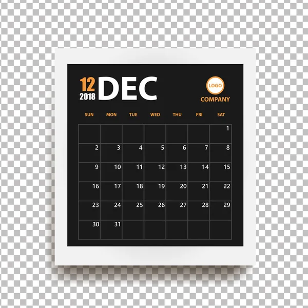 Calendarul decembrie 2018 în cadru foto realist cu umbră izolată pe fundal transparent. Planificator de evenimente. Toate dimensiunile. Ilustrație vectorială — Vector de stoc