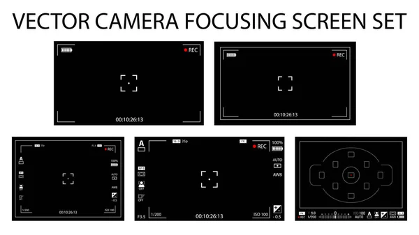 Modern camera focusing screen with settings 5 in 1 pack - digital, mirorless, DSLR. Black viewfinders camera recording isolated. Vector illustration — Stock Vector