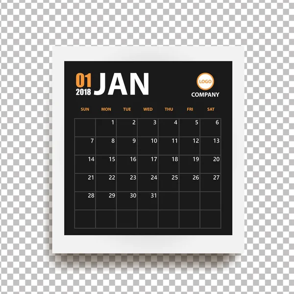 January 2018 calendar in realistic photo frame with shadow isolated on transparent background. Event planner. All size. Vector illustration — Stock Vector