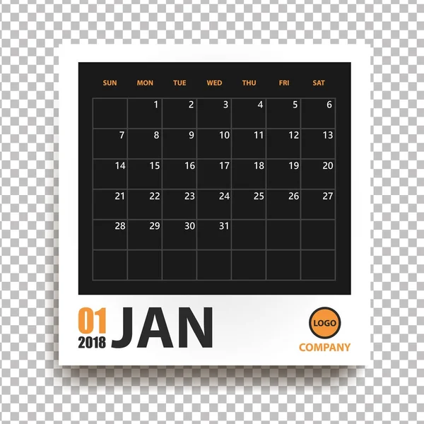 January 2018 calendar in realistic photo frame with shadow isolated on transparent background. Event planner. All size. Vector illustration — Stock Vector