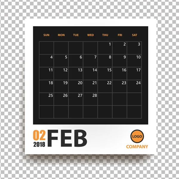 February 2018 calendar in realistic photo frame with shadow isolated on transparent background. Event planner. All size. Vector illustration — Stock Vector