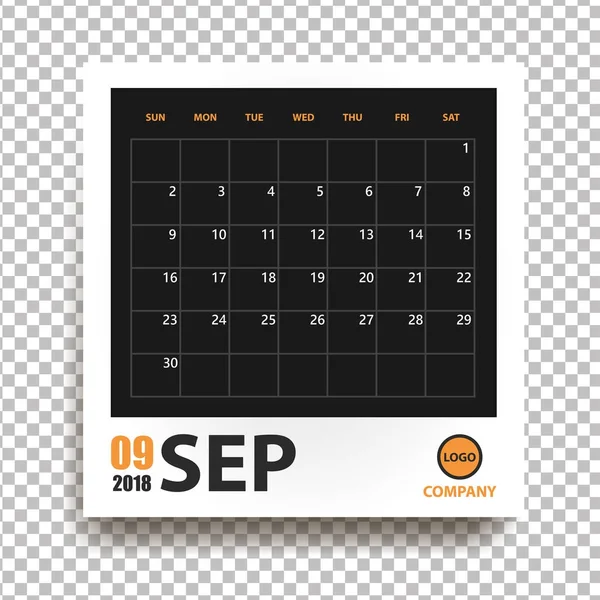 September 2018 Kalender in realistischem Fotorahmen mit Schatten isoliert auf transparentem Hintergrund. Eventplaner. alle Größen. Vektorillustration — Stockvektor