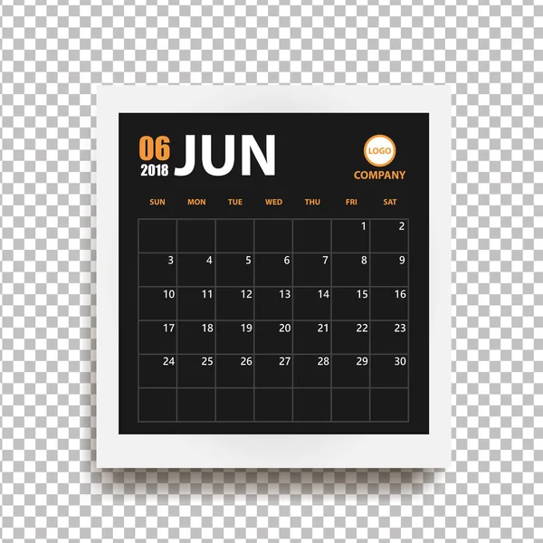 Juni 2018 Kalender in realistischem Fotorahmen mit Schatten isoliert auf transparentem Hintergrund. Eventplaner. alle Größen. Vektorillustration — Stockvektor