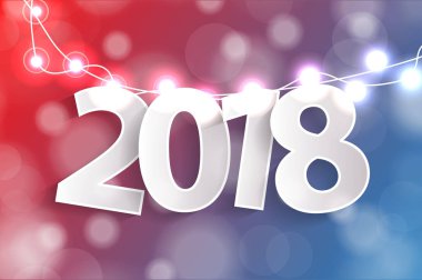  Kağıt cuted beyaz numaraları gerçekçi Noel ile yılbaşı 2018 kavramı kırmızı ve mavi arka plan dekorasyon ışıklar. Tebrik kartları için