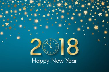  Camgöbeği bulanık starfall zemin üzerine altın yeni yıl 2018 kavramı. Tebrik kartı illüstrasyon golden numaraları ve vintage saat