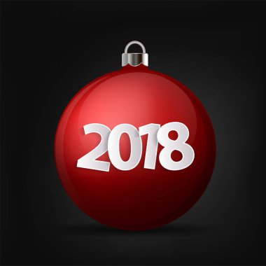 Noel ve yeni yıl 2018 kavramı. Gerçekçi kırmızı Noel top izole gümüş sahibi ile
