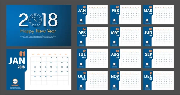 2018 New Year calendar simple modern style. Blue and orange. Event planner. All size
