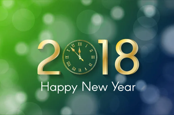 Gouden New Year 2018 concept op groene en blauwe onscherpe achtergrond. Afbeelding van de wenskaart met gouden nummers en vintage klok — Stockfoto