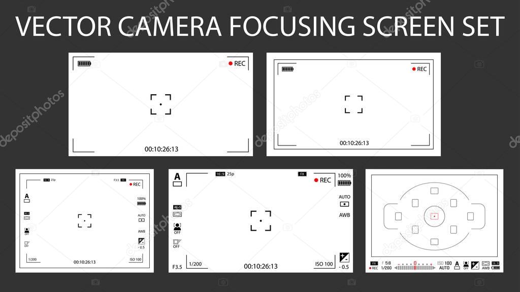 Modern camera focusing screen with settings 5 in 1 pack - digital, mirorless, DSLR. White viewfinders camera recording isolated