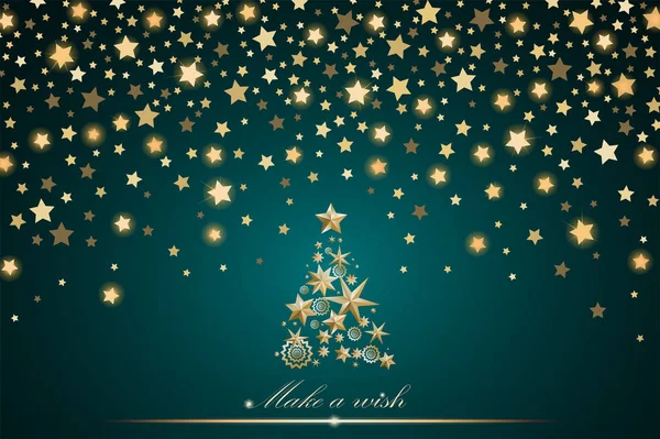 Nouvelle année et conception de la carte de Noël : arbre de Noël en or fait d'étoiles et de flocons de neige avec des étoiles tombantes brillantes abstraites sur fond cyan ambiant. Illustration vectorielle — Image vectorielle