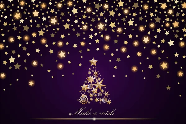 Nouvelle année et conception de la carte de Noël : arbre de Noël en or fait d'étoiles et de flocons de neige avec des étoiles tombantes brillantes abstraites sur fond violet ambiant. Illustration vectorielle — Image vectorielle
