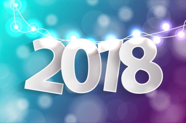  Kağıt cuted beyaz numaraları gerçekçi Noel ile yılbaşı 2018 kavramı mavi ve mor arka plan dekorasyon ışıklar. Tebrik kartları için. Vektör çizim