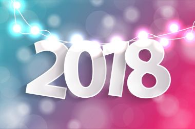  Kağıt cuted beyaz numaraları gerçekçi Noel ile yılbaşı 2018 kavramı mavi ve pembe arka plan dekorasyon ışıklar. Tebrik kartları için. Vektör çizim