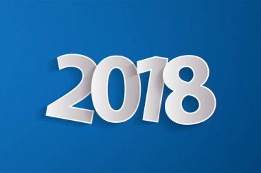  Mutlu yeni yıl 2018 kavramı mavi zemin üzerine kağıt cuted beyaz sayılarla. Vektör çizim