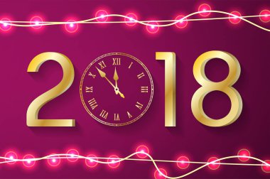  Mor yeni yıl 2018 kavramı gerçekçi Noel ışıkları ile arka plan parıldıyor. Vektör tebrik kartı çizim altın numaraları ve vintage saat