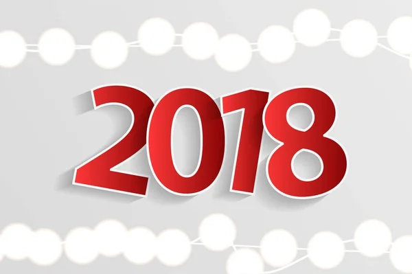 Neujahrskonzept 2018 mit papiergeschnittenen weißen Zahlen auf realistischem Weihnachtsbeleuchtungsschmuck auf weißem Hintergrund. für Grußkarten. Vektorillustration — Stockvektor