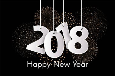  Mutlu yeni yıl 2018 konseptiyle havai fişek ile ipler üzerinde kağıt cuted beyaz numaraları. Vektör çizim