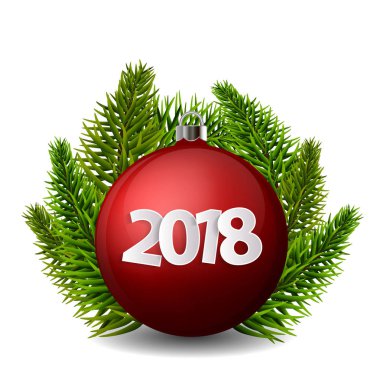 Noel ve yeni yıl 2018 kavramı. Gerçekçi turkuaz Noel top gümüş tutucu ve izole Noel ağaç dalları. Vektör çizim