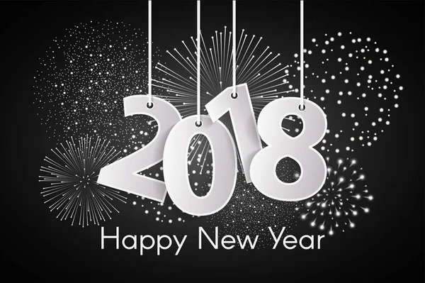 Feliz Año Nuevo 2018 concepto con números blancos cortados en papel en cuerdas con fuegos artificiales. Ilustración vectorial — Vector de stock