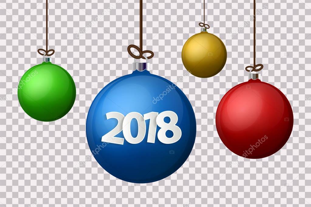 Xmas and New Year 2018 concept. Realistic colored christmas balls with silver holder isolated on transparent background. Vector illustration