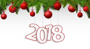 Kırmızı Noel topları ile yeni yıl 2018 banner. Vektör çizim