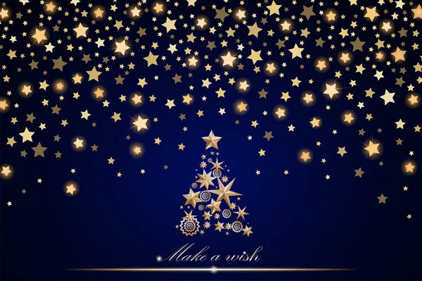 Nouvelle année et conception de la carte de Noël : arbre de Noël en or fait d'étoiles et de flocons de neige avec des étoiles tombantes brillantes abstraites sur fond bleu ambiant. Illustration vectorielle — Image vectorielle