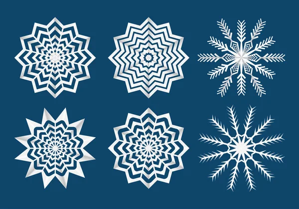 Paquet de flocons de neige de Noël en papier blanc isolé sur fond bleu. Illustration vectorielle — Image vectorielle