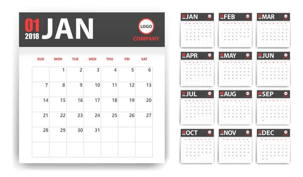 Calendario 2018 en pegatinas de papel con estilo sombra. Gris y rojo. Planificador de eventos. De todo tamaño. Ilustración vectorial — Vector de stock