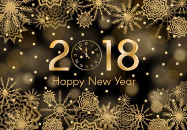  Altın yeni yıl 2018 kavramı. Düşen kar ve arka plan Alevler parıldıyor. Kar taneleri soyut. Kış gök gürültüsü. Vektör çizim