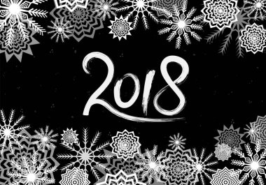  Siyah ve beyaz yeni yıl 2018 el çekilmiş kavramı. Düşen kar ve arka plan Alevler parıldıyor. Kar taneleri soyut. Kış gök gürültüsü. Vektör çizim