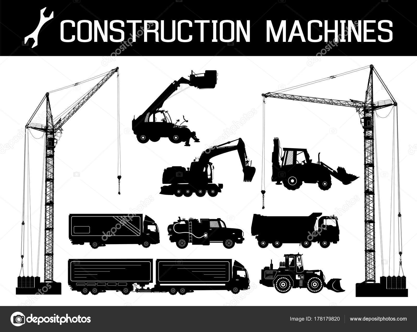 建設機械 トラック 油圧ショベル ブルドーザー エレベーター クレーン 白で隔離建設機械の詳細なシルエット ストック写真 C Boxerx