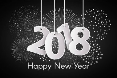 Mutlu yeni yıl 2018 kavramı üzerinde havai fişek ile ipler kağıt cuted beyaz sayılarla