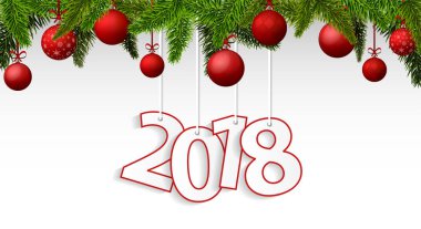 Kırmızı Noel topları ile yeni yıl 2018 banner