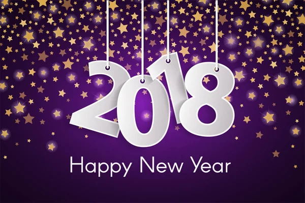 Violet Happy New Year 2018 wenskaart concept met papier cuted witte nummers op de daling van de gouden sterren achtergrond — Stockfoto