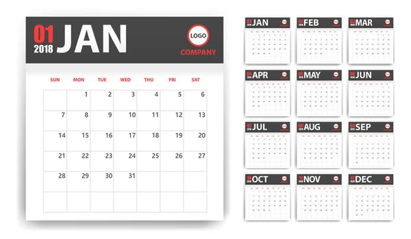 Calendario 2018 en pegatinas de papel con estilo sombra. Gris y rojo. Planificador de eventos. Todos los tamaños — Foto de Stock