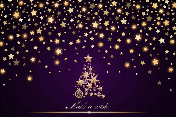 Nouvelle année et conception de la carte de Noël : arbre de Noël en or fait d'étoiles et de flocons de neige avec des étoiles tombantes brillantes abstraites sur fond violet ambiant — Photo