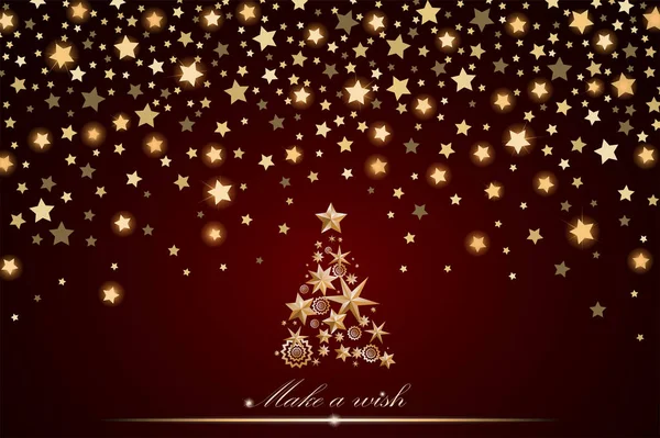 Diseño de tarjetas de Año Nuevo y Navidad: Árbol de Navidad de oro hecho de estrellas y copos de nieve con estrellas caídas brillantes abstractas sobre fondo ambiente rojo — Foto de Stock