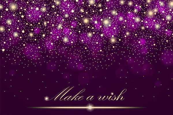 Gold glitter particles background effect for luxury greeting rich card. Sparkling texture. Star dust sparks in explosion on purple background