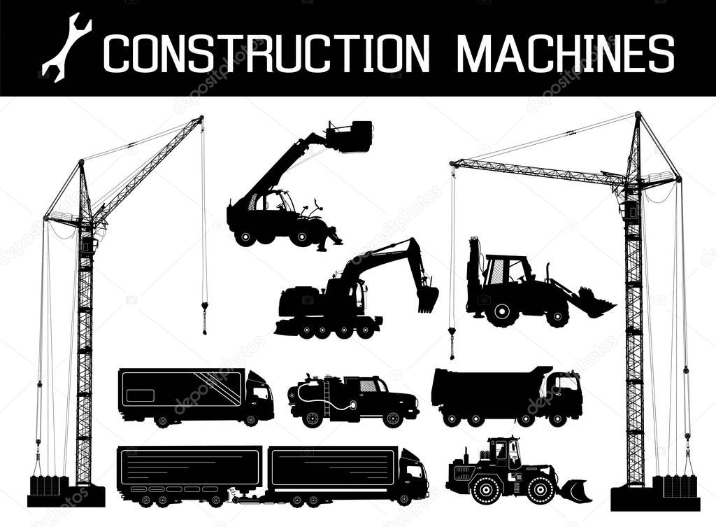 Construction equipment: trucks, excavators, bulldozer, elevator, cranes. Detailed silhouettes of construction machines isolated on white