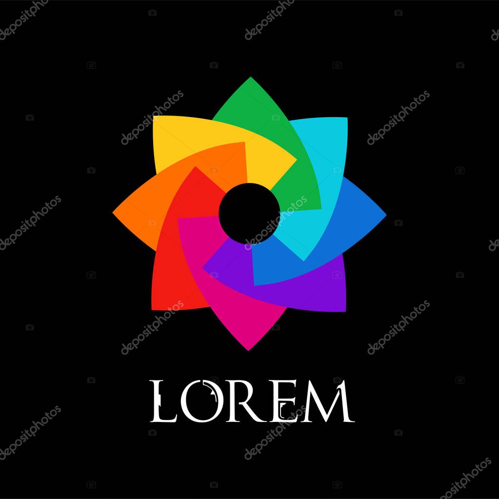 Abstract rainbow flower geometric logo template isolated on black background. Business abstract icon. Modern sun icon. Futuristic sign. Use for logo, sign, symbol, web, label, icon. Vector illustratio