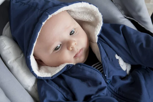 Close Portrait Cute Toddler Walk Warm Clothes Portrait Baby Hood — Stock Photo, Image