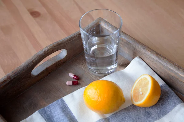 Top View Wooden Trail Glass Clean Water Lemon Medicine Pills — Stock Photo, Image