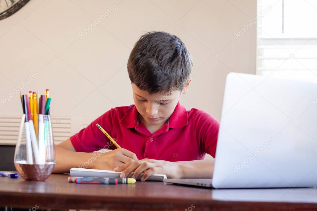 Distance learning online education. Schoolboy studies at home and does school homework. Concept of home education and distance learning.